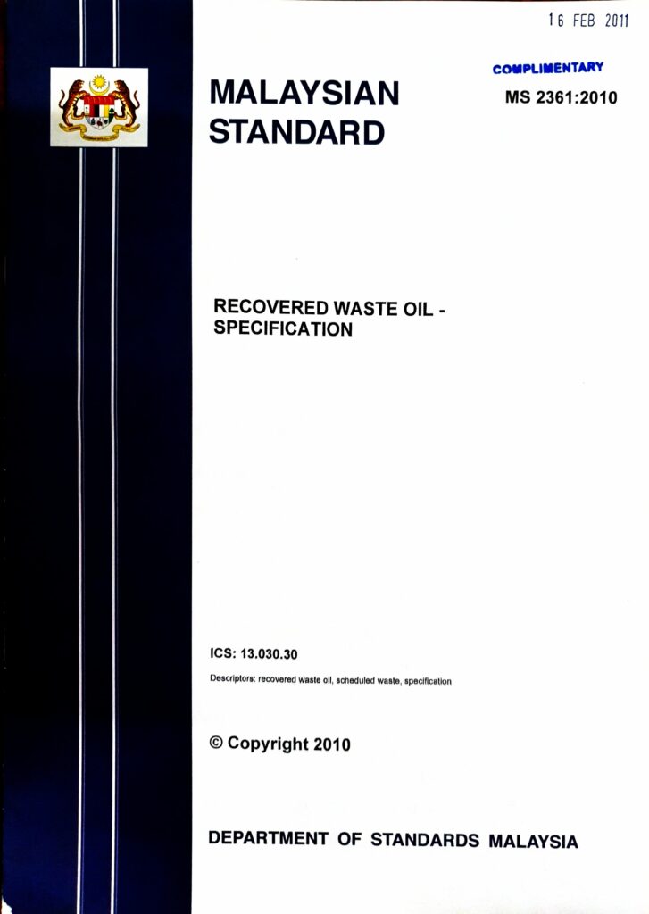 Recovered waste oil - specification